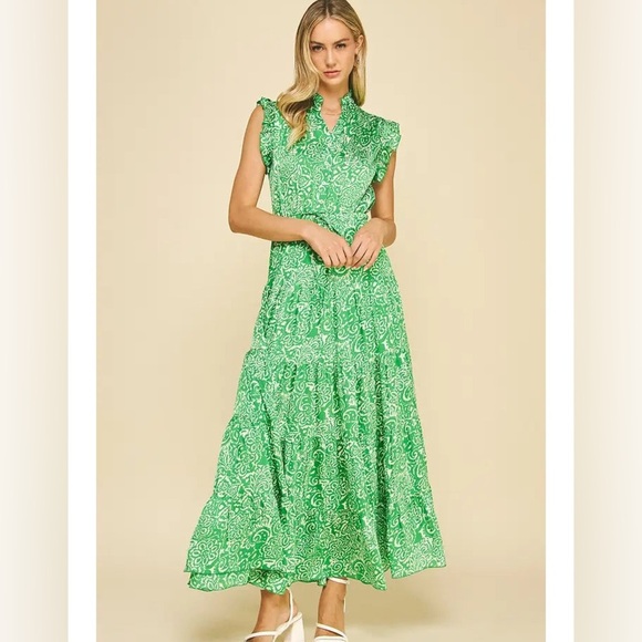 NWOT Pinch Paisley Green White Maxi Dress Flutter Sleeve Tie Waist - Picture 2 of 11